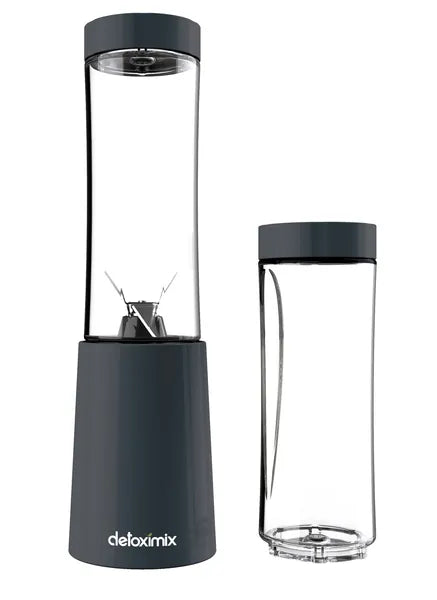 Mini Blender Detoximix gris – vue d'semble du mini blender avec la bouteille supplémentaire présentée debout.