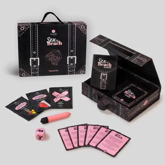 Coffret présenté ouvert et sa mallette avec les articles suivants :
Cartes de défis, mini vibromasseur, dé Kamasutra, monodose d’huile de massage,
monodose de lubrifiant et monodose de gel intensifiant