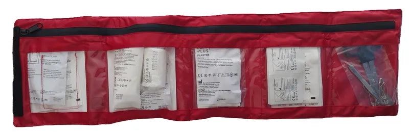 Trousse de secours déroulable - Moyenne ouverte avec Compresses, Bande élastique, Pansements, Ruban adhésif, Paire de gants jetables, Lingettes nettoyantes pour la peau, Ciseaux pour bandage, Pincette, Lot d’épingles de sûreté assorties