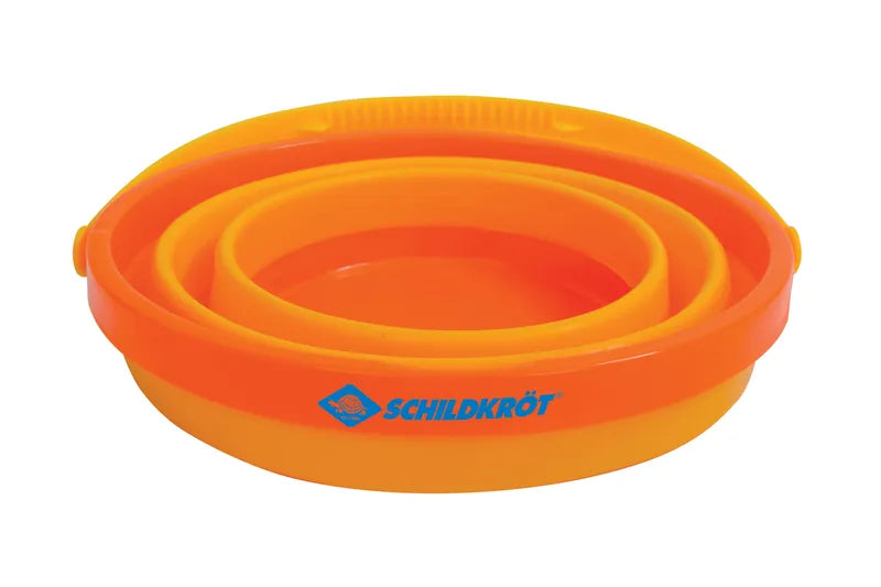 Seau de plage rétractable couleur orange Schildkröt – vue de dessus en gros plan et en version fermée 
