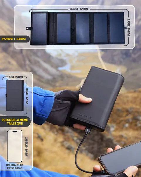 Electron, batterie solaire portable de Sunslice - vue déplié avec les dimensions : 450 mm sur 162 mm et vue en plié 90 mm sur 162 mm