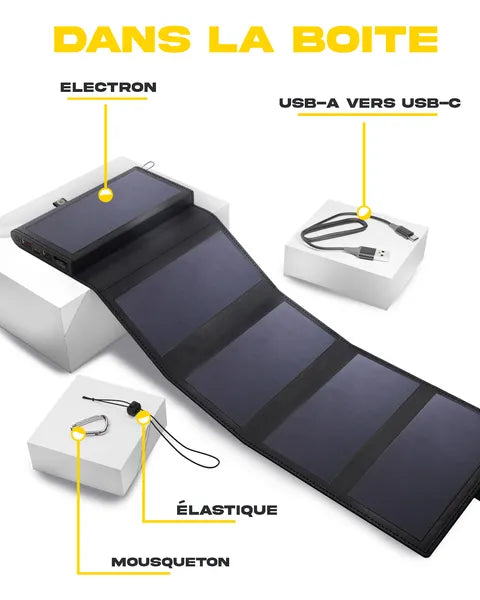 Electron, batterie solaire portable de Sunslice - vue déplié  avec dans la boite électron, USB-A vers USB-C, élastique et mousqueton
