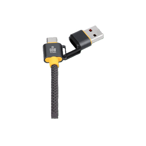 Câble multi-connecteurs Waka  Waka Connect – Vue du connecteur 60W avec embout détaché USB-C et USB-A.