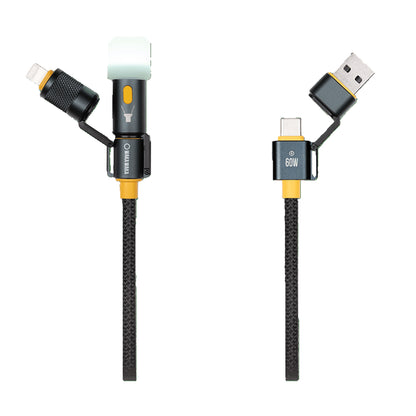 Câble multi-connecteurs WakaWaka Connect – Vue des deux connecteurs avec USB-C, USB-A et lampe LED. Indication 60W