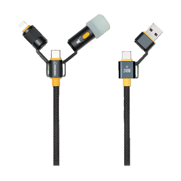 Câble multi-connecteurs WakaWaka Connect Pro – Vue des deux connecteurs avec USB-C, USB-A et lampe LED. Indication 240W