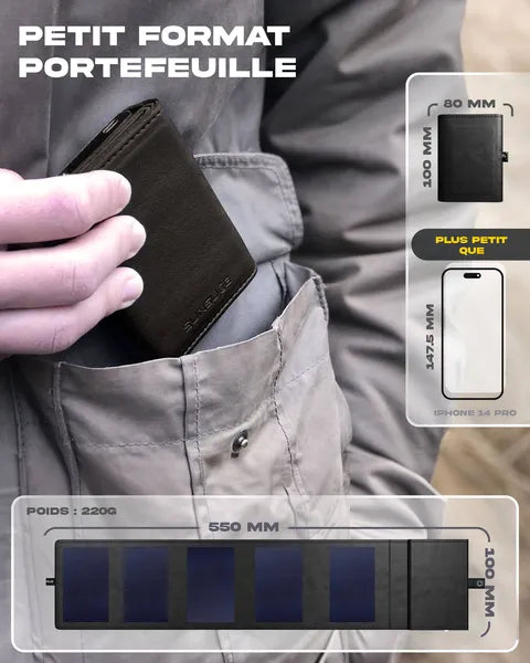 Chargeur solaire Photon de Sunslice – vue au format compact dit petit format portefeuille (80 x 100 mm) lorsqu’il est plié et (550 x 100 mm) lorsqu’il est déplié