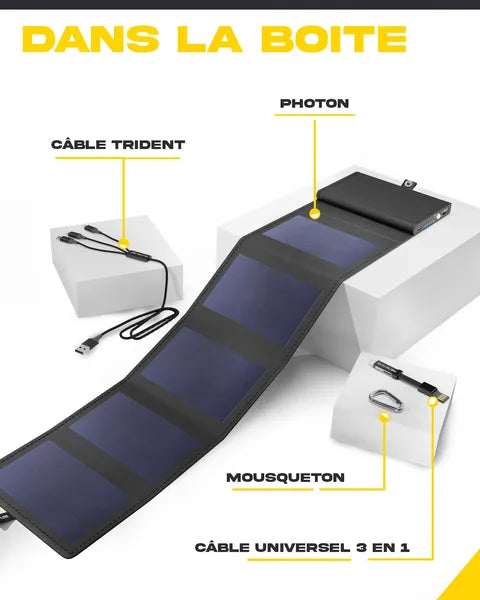 Chargeur solaire Photon de Sunslice – vue déplié avec indications suivantes : câble trident, photon, mousqueton et câble universel 3 en 1