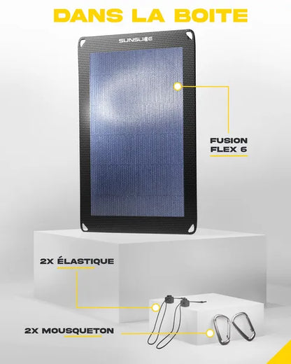 Panneaux solaires ultralégers et compacts de Sunslice - vue du 6W  avec 2 élastiques et deux mousquetons