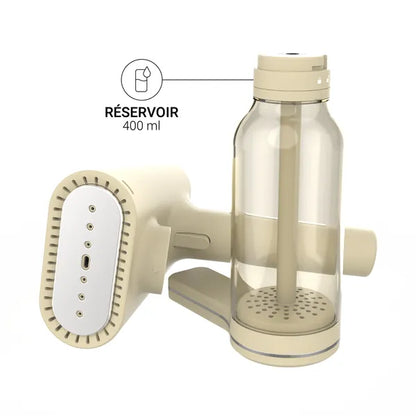 Défroisseur couleur crème - mise en avant du réservoir de 400 ml avec la tête devisée et mise sur le coté