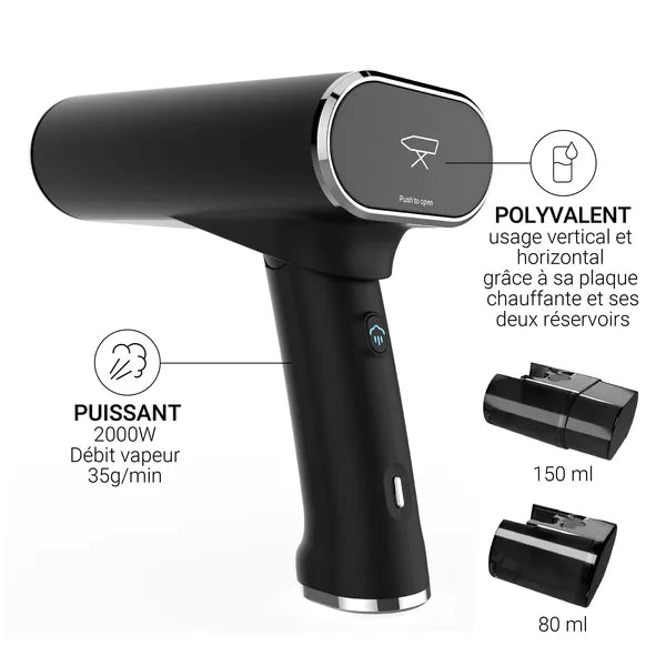 Défroisseur pliable Steamone - noir - vue de dos avec les indications puissant 2000W débit vapeur 35h/min, polyvalent : usage vertical et horizontal grave à sa plaque chauffante et ses deux réservoirs 150 ml et 80 ml