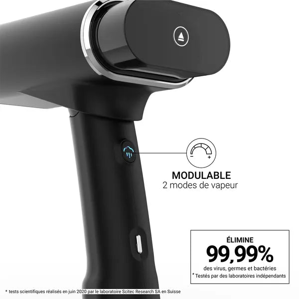 Défroisseur pliable Steamone - noir - vue du manche avec indication modulable 2 mode de vapeur élimine 99,99% des virus, germes et bactéries. testés par des laboratoires indépendants. 