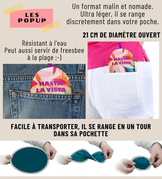Mode d'emploi éventail Ventillo - 21 cm de diamètre ouvert. Facile à transporter, il se range en un tour dans sa pochette. 
