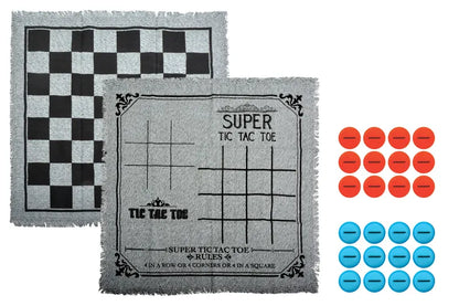 Jeu 3 en 1 de Schildkröt – Dames, Tic Tac Toe et Puissance 4 – vue des deux plateaux avec pions rouges et bleus