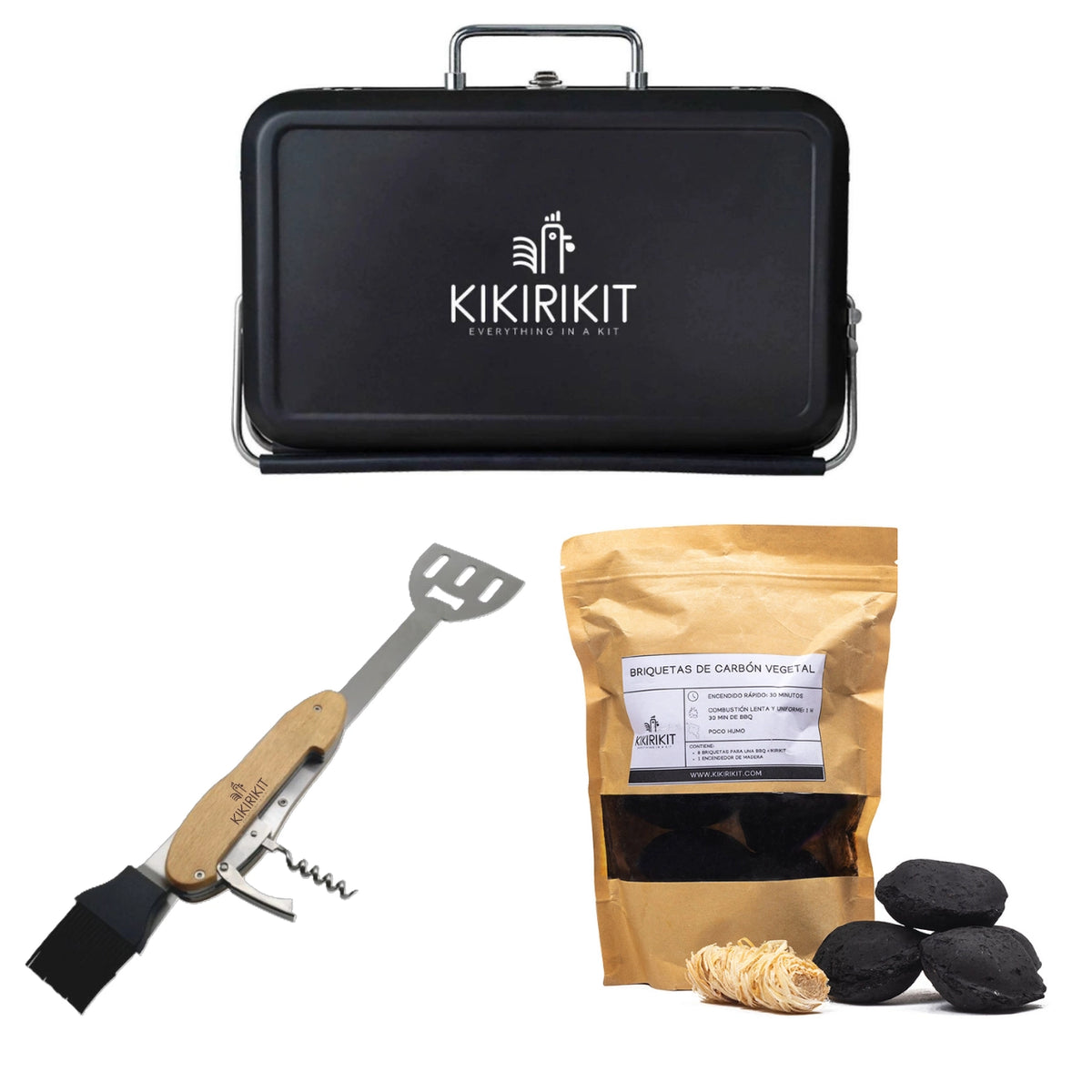 Kit Kikirikit - vue avec le barbecue noir fermé, le kit de briquettes et l'outils 5 en 1