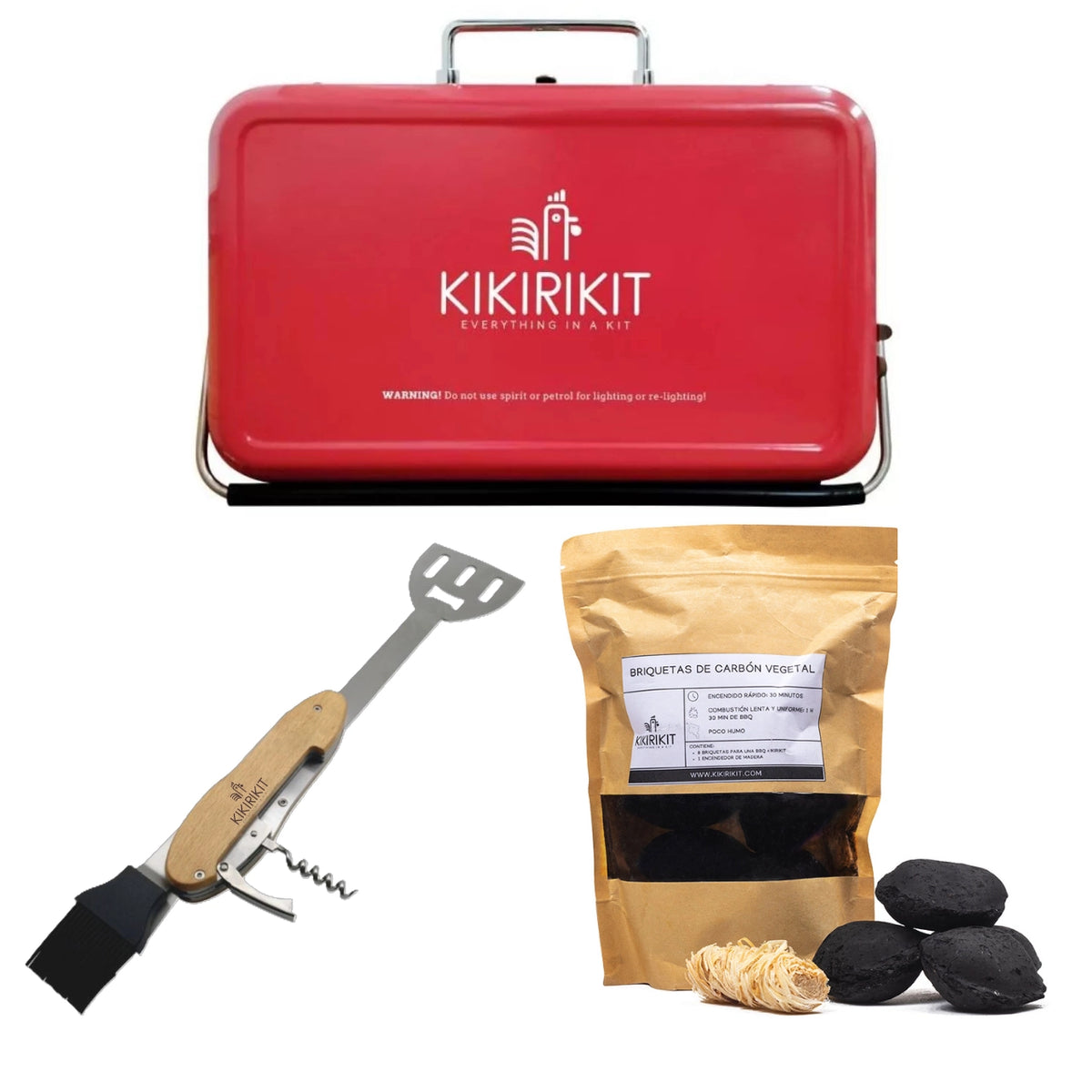 Kit Kikirikit - vue avec le barbecue rouge fermé, le kit de briquettes et l'outils 5 en 1
