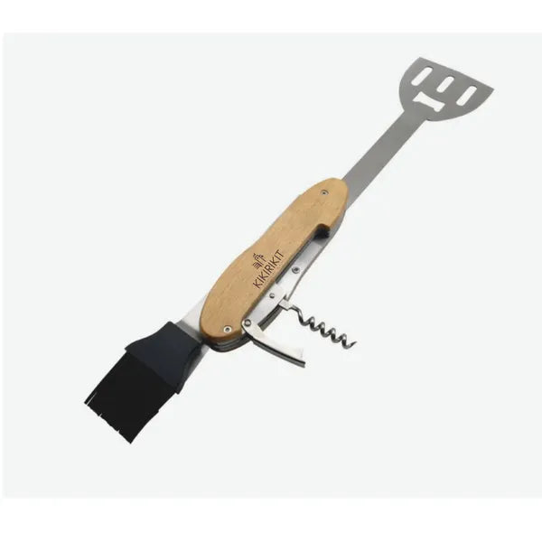 Kit d'ustensiles de BBQ de Kikirikit en vue ouverte avec : 1 spatule, 1 pinceau de cuisine, 1 tire-bouchon et 1 décapsuleur