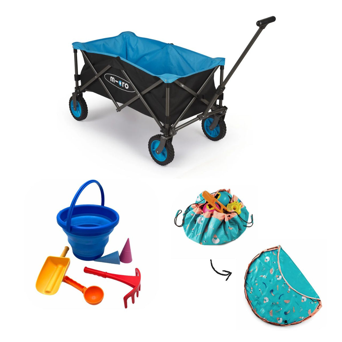 Vue d’ensemble du set de jouets de plage 7-en-1 Schildkröt version bleu, du tapis de jeu et sac de rangement d’extérieur Play and Go motifs jeux, et du chariot pliable de micro-mobilité ouverts