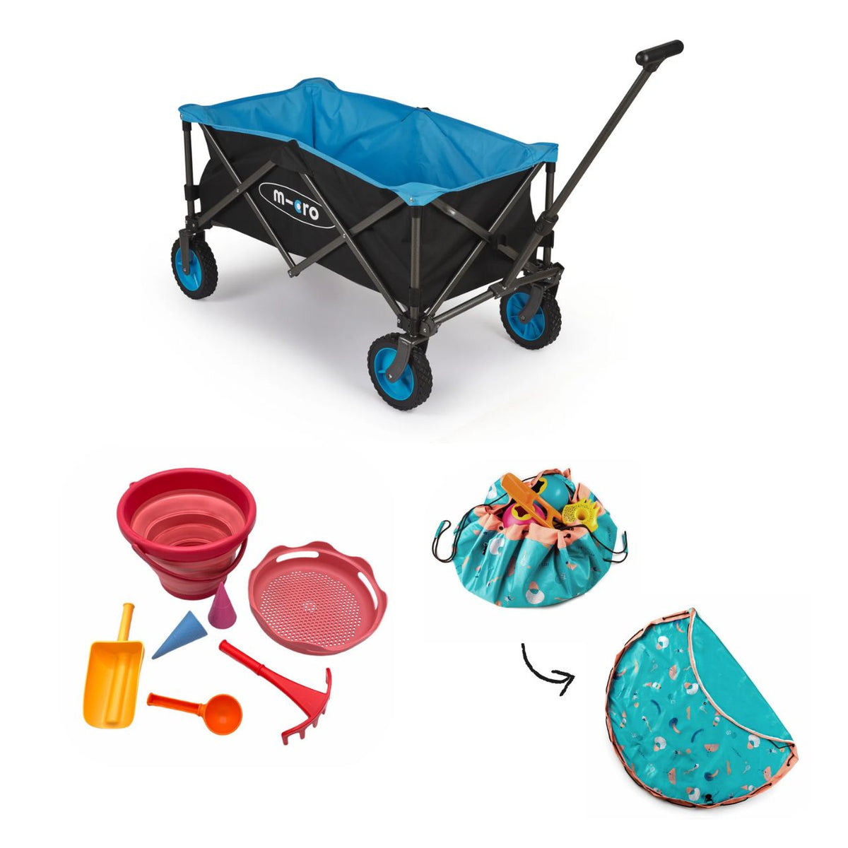 Vue d’ensemble du set de jouets de plage 7-en-1 Schildkröt version rose, du tapis de jeu et sac de rangement d’extérieur Play and Go motifs jeux, et du chariot pliable de micro-mobilité ouverts