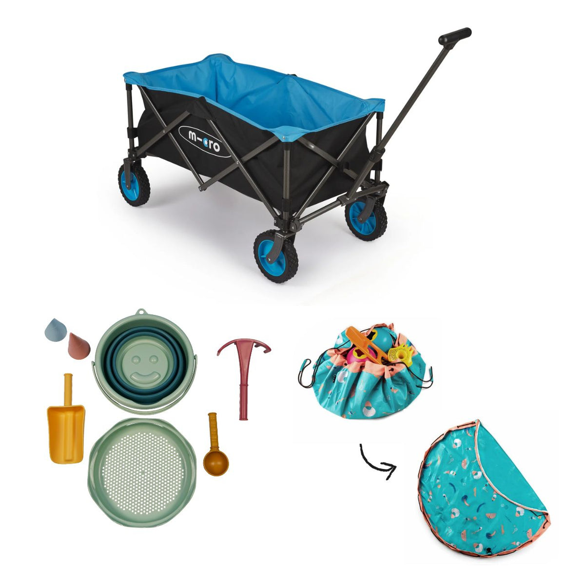 Vue d’ensemble du set de jouets de plage 7-en-1 Schildkröt version vert, du tapis de jeu et sac de rangement d’extérieur Play and Go motifs jeux, et du chariot pliable de micro-mobilité ouverts