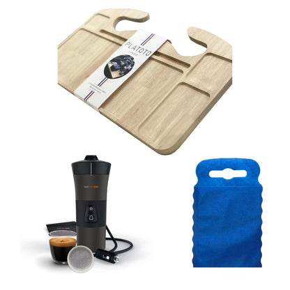 Kit nomade business de luxe- présenté avec le plateau bois, la machine à café dans son entièreté et le sac poubelle de voiture bleu taille S.