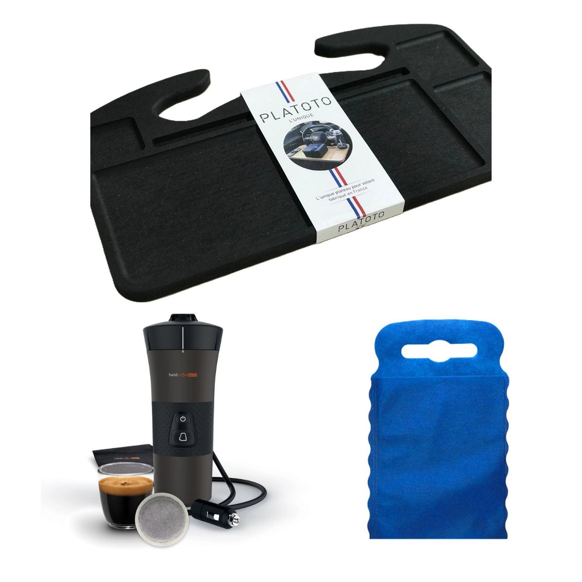 Kit nomade business de luxe- présenté avec le plateau bois noir, la machine à café dans son entièreté et le sac poubelle de voiture bleu taille S.