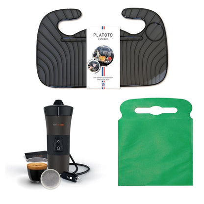 Kit nomade business - présenté avec le plateau transparent noir, la machine à café vue dans son ensemble et le sac poubelle de voiture vert taille L.