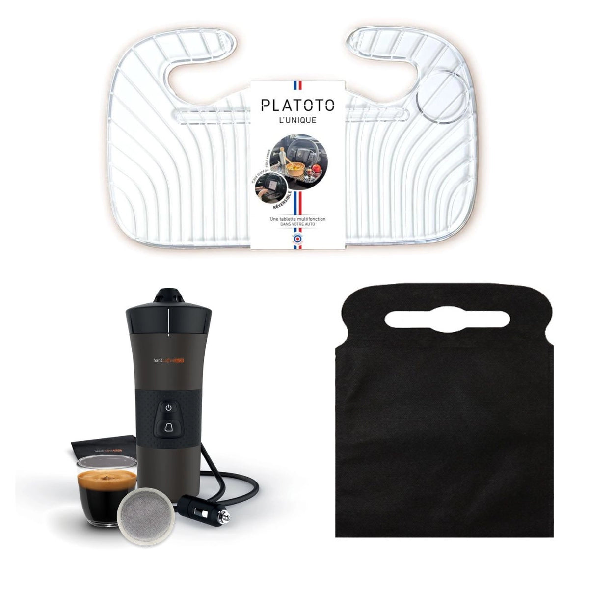 Kit nomade business - présenté avec le plateau transparent, la machine à café vue dans son ensemble et le sac poubelle de voiture noir taille L.
