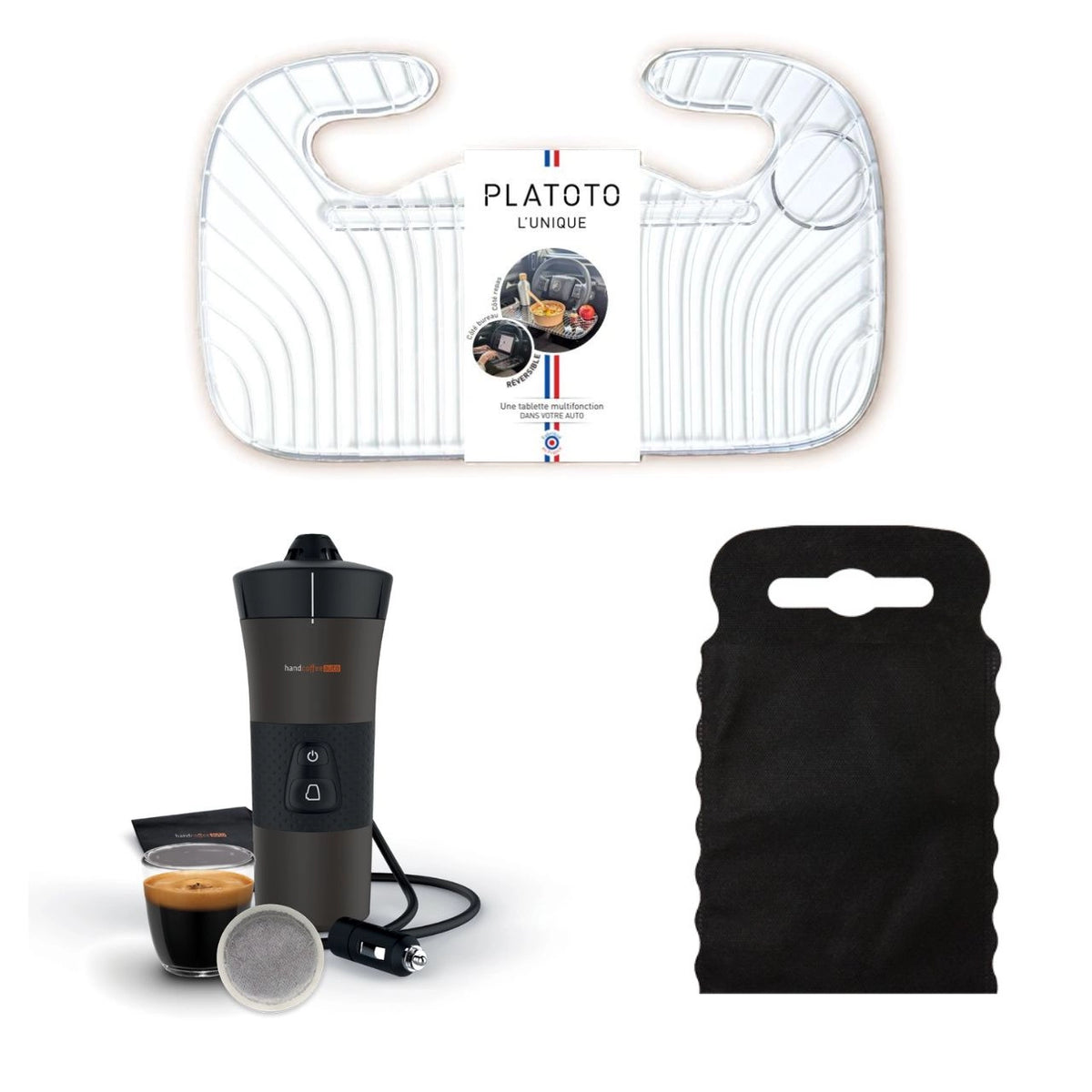 Kit nomade business - présenté avec le plateau transparent, la machine à café vue dans son ensemble et le sac poubelle de voiture noir taille S.
