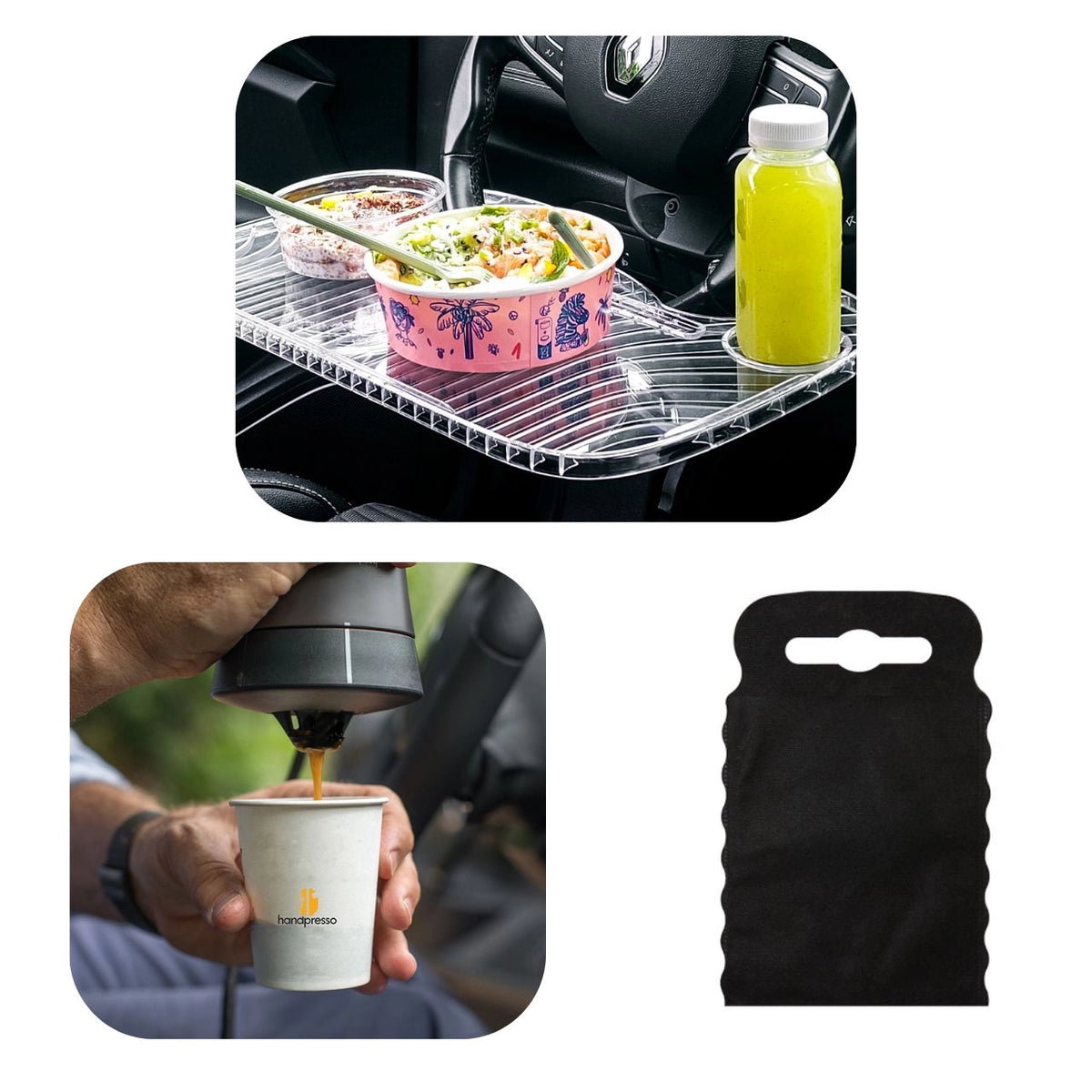 Kit nomade business - présenté avec le plateau transparent avec un repas dessus, la machine à café en action et le sac poubelle de voiture noir taille S.