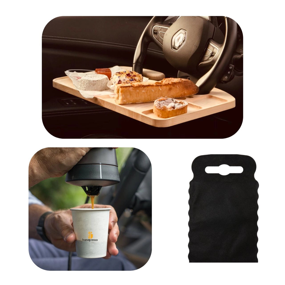 Kit nomade business de luxe- présenté avec le plateau bois avec un repas dessus, la machine à café en action et le sac poubelle de voiture noir taille S.