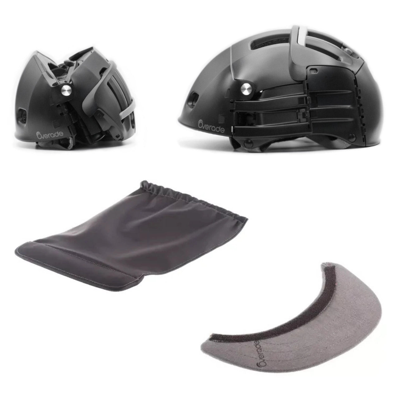 Casque pour vélo et trottinette noir, une version ouverte et une version plié. En dessous se trouve une visière grise complémentaire et un recouvre casque noir.  