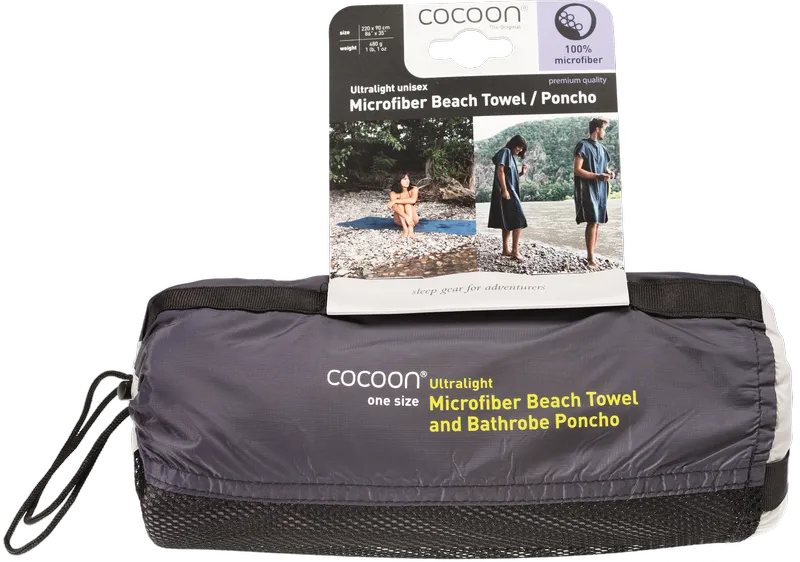 Poncho-serviette unisexe de Cocoon - vue dans sa pochette de rangement avec étiquette