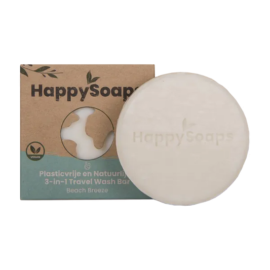 Savon de voyage 3-en-1 The Happy Soaps senteur beach breeze - vue du savon à coté de sa boite