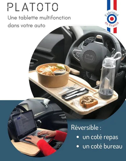Platoto - Explication du platoto - une tablette multifonction dans votre auto: réversible : un coté repas et un coté bureau