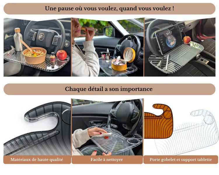 Tablette réversible Platoto transparent – vues en différentes situations : repas, maquillage, travail