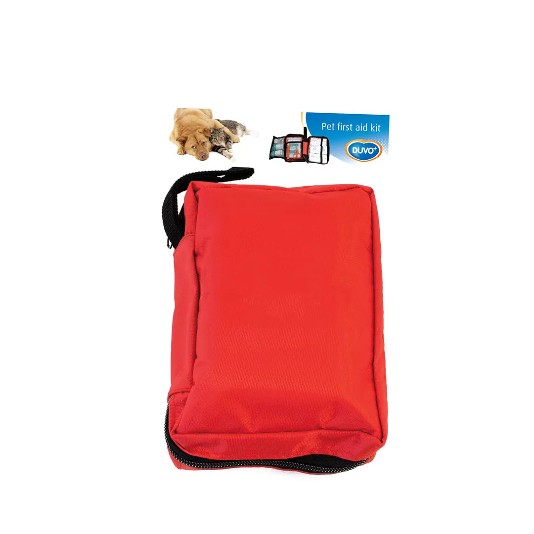 Trousse de secours pour animaux de compagnie - vue fermée avec un chien et un  chat au dessus 