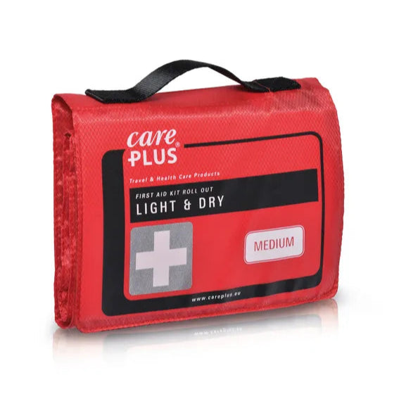 Trousse de secours déroulable - Moyenne fermée avec Compresses, Bande élastique, Pansements, Ruban adhésif, Paire de gants jetables, Lingettes nettoyantes pour la peau, Ciseaux pour bandage, Pincette, Lot d’épingles de sûreté assorties 