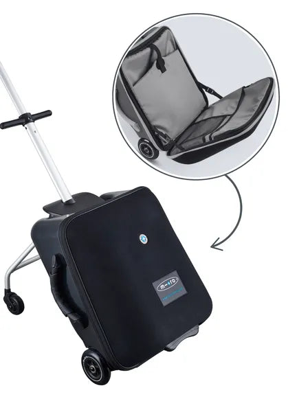Valise trolley avec siège enfant intégré Micromobility – vue de la valise qui s'ouvre et de ses compartiments de rengagements 