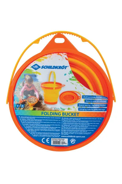 Seau de plage rétractable couleur orange Schildkröt – vue de dessus en version fermée avec l’étiquette